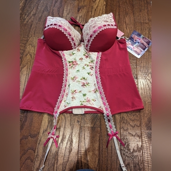 COQUETTE Plus Size Raspberry Lace floral Corset bustier, size 1x/2x - Picture 4 of 16